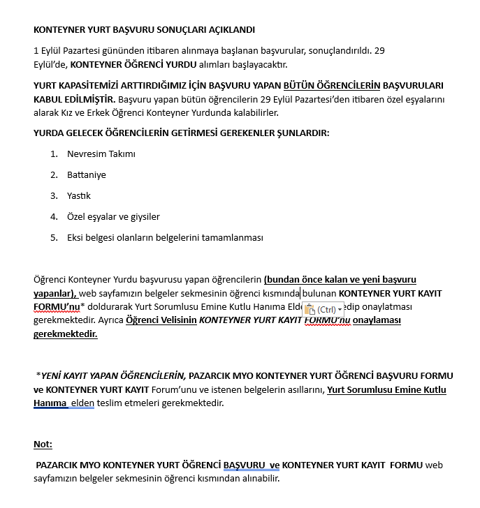 Konteyner Yurt Başvuru Sonuçları